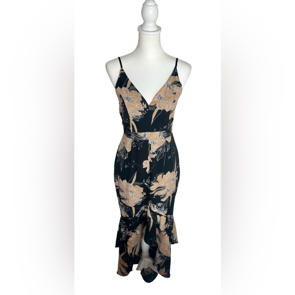 NWT Lulu's Black & Tan Floral V-Neck High Low Maxi Dress Sz M Boho Tropical